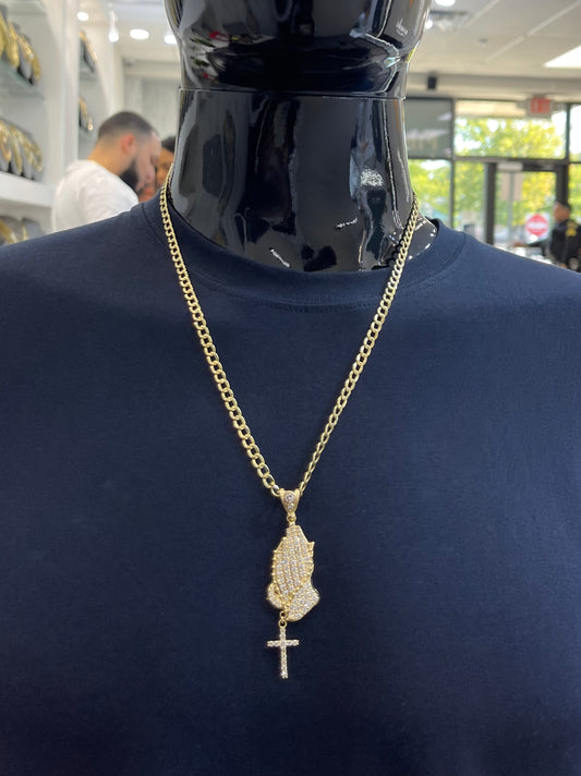 New 14K CZ Rosary Prayer Hands Pendant & Cuban Chain (4.8MM) H.J™️