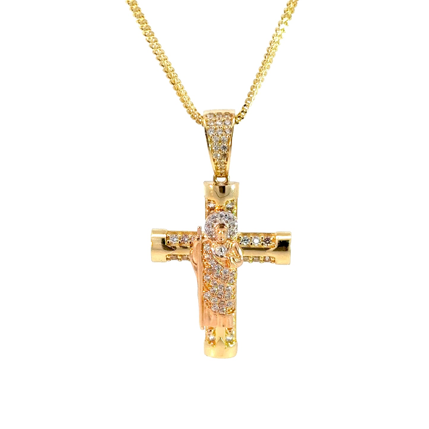 New 14K CZ San Judas Cross Pendant & Franco Chain H.J™️