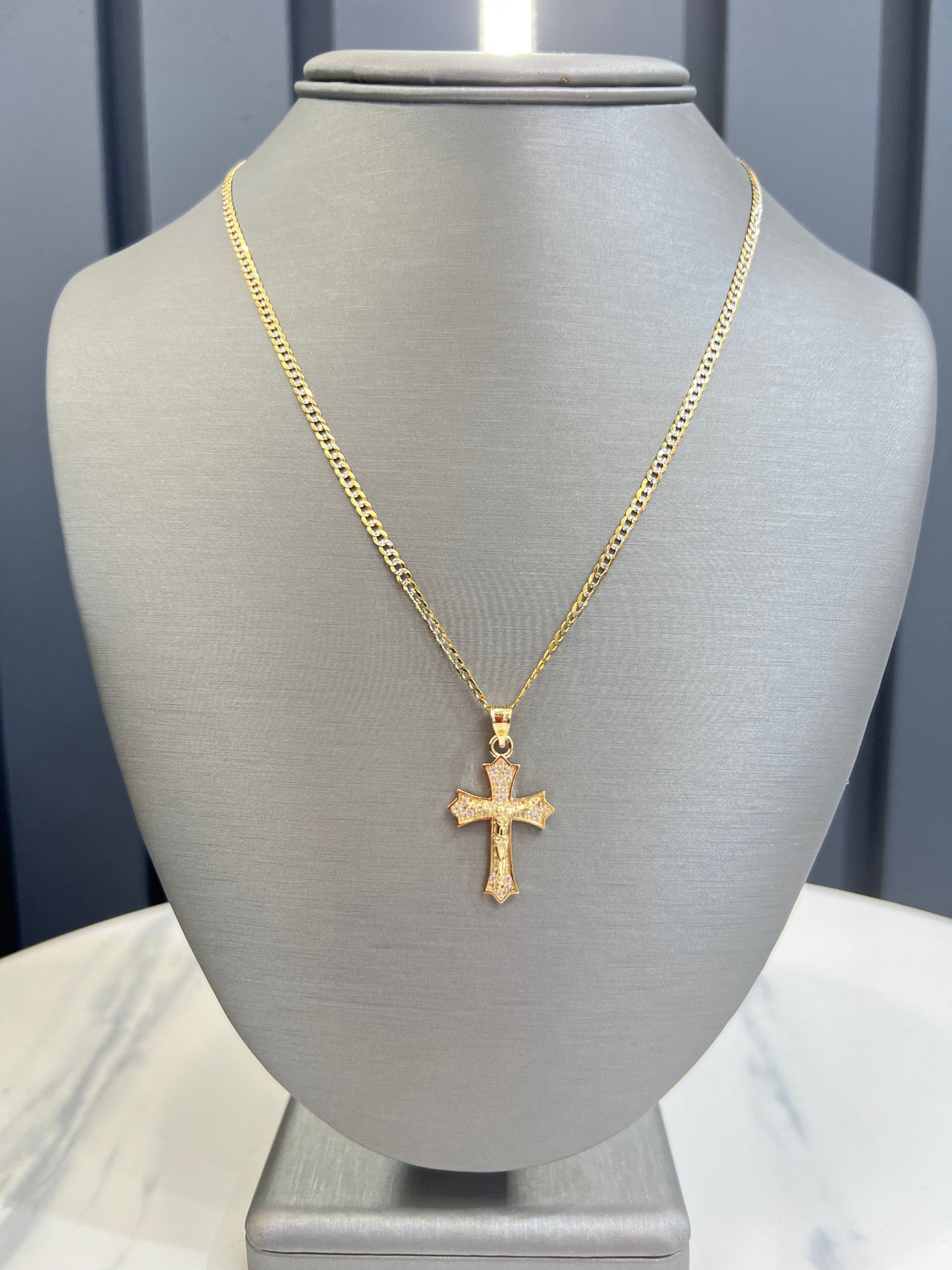 New 14k CZ Cross Pendant & Solid Two Tone Cuban Chain G.O.J™️